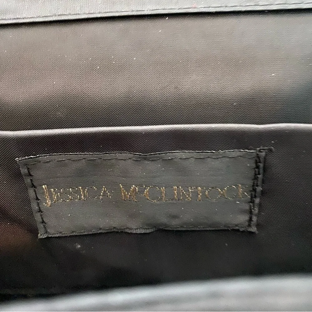 Jessica McClintock Satin Black Beaded Rhinestone Evening Clutch Purse handbag